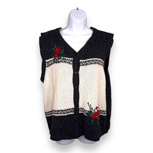 Vintage XL Russ Silk Blend Knit Vest Sweater Knit Black White Floral Cottage